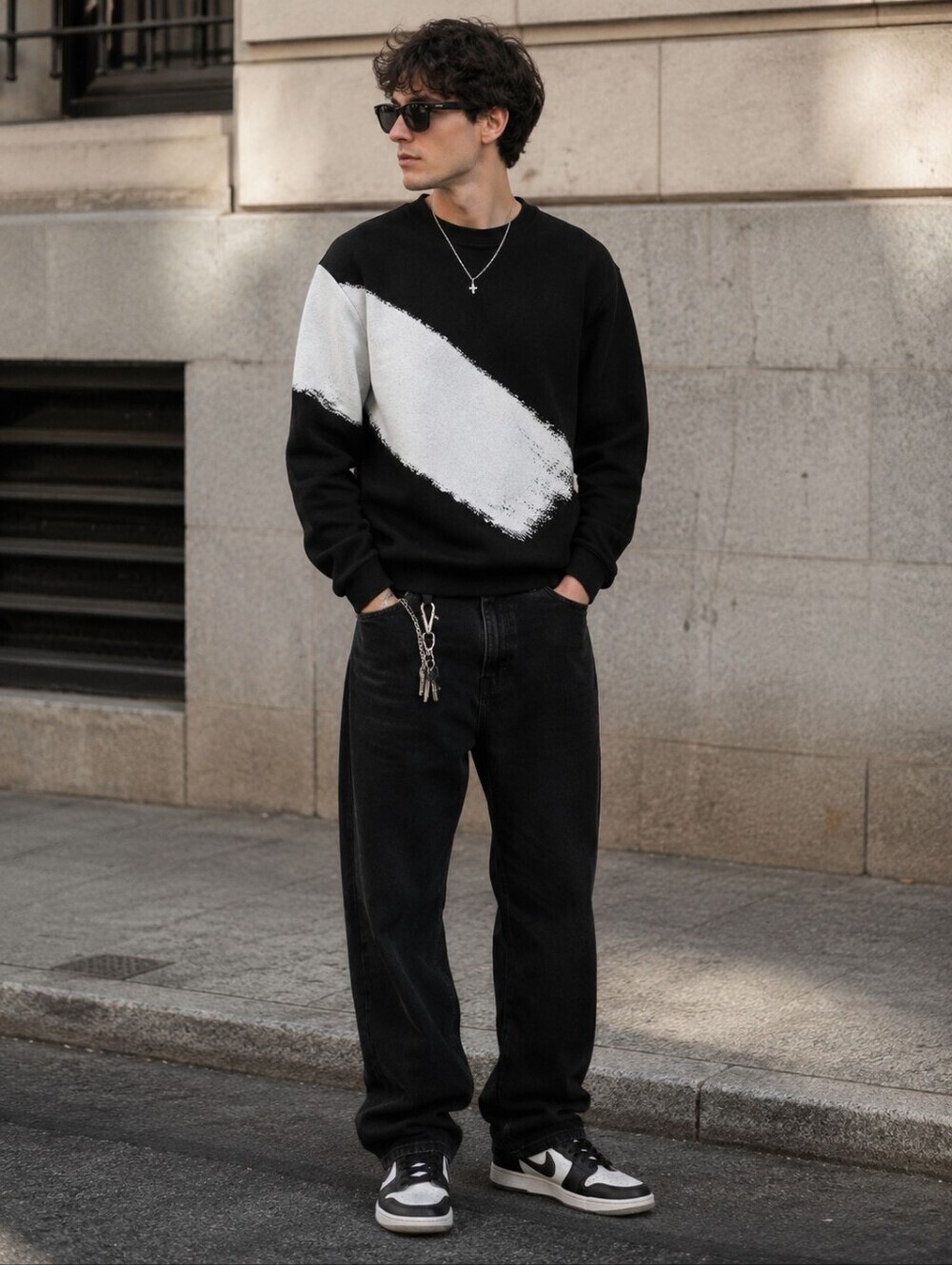 Black Sweatshirt with White Brushstroke Size M